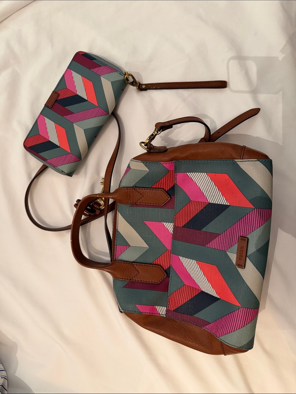 Fossil Teal, Pink & Red Geometric Satchel with Wristlet wallet